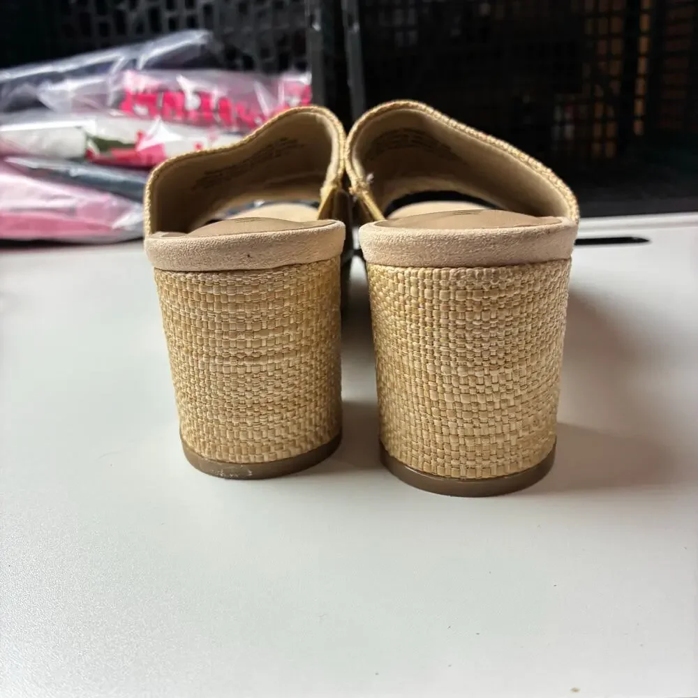 Anne Klein Payge Raffia Block Platform Heels Slip On Sandals 7.5 iFlex Stretch